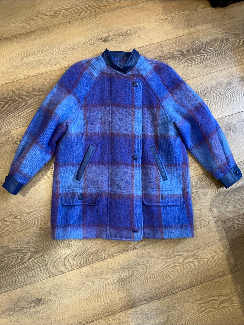 Vintage Donegal Design Mohair & Wool Women's Blue Plaid Coat XL